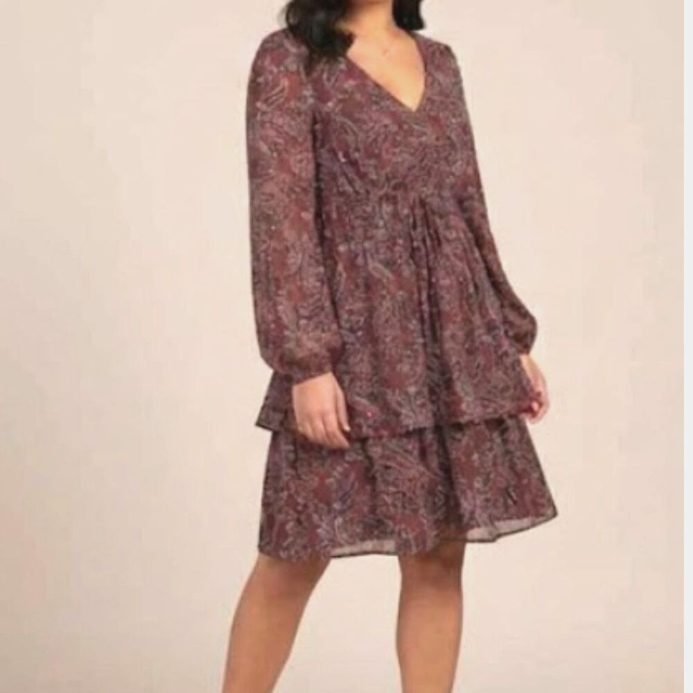 Brown Paisley Tiered Dress Sz Medium Ruffled Peasant Boho Party Date Y2K V Neck